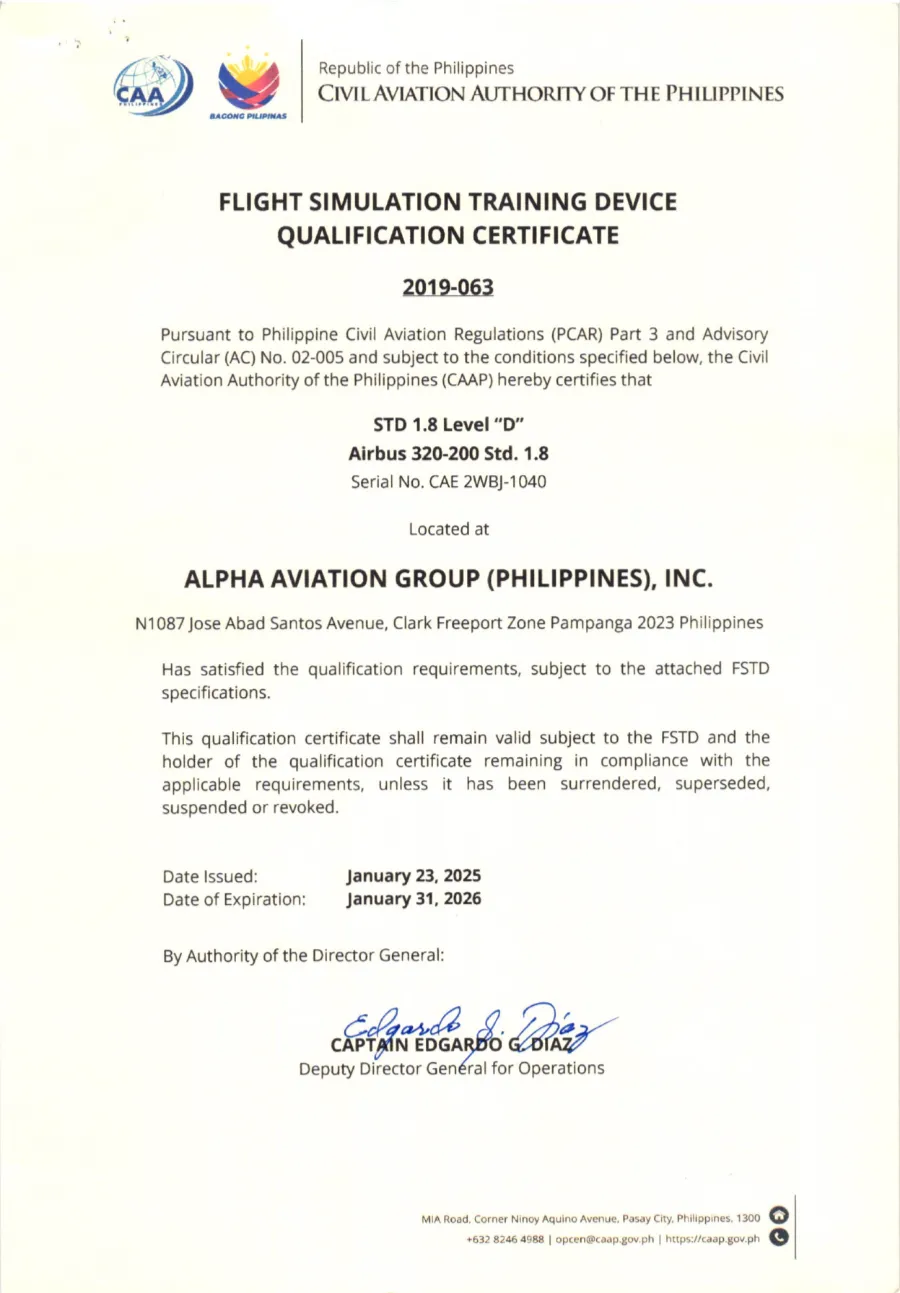 CAAP Qualification No. 2019-063 A320-200 Std. 1.8 FSTD SN CAE 2WBJ-1040 (31 January 2026)