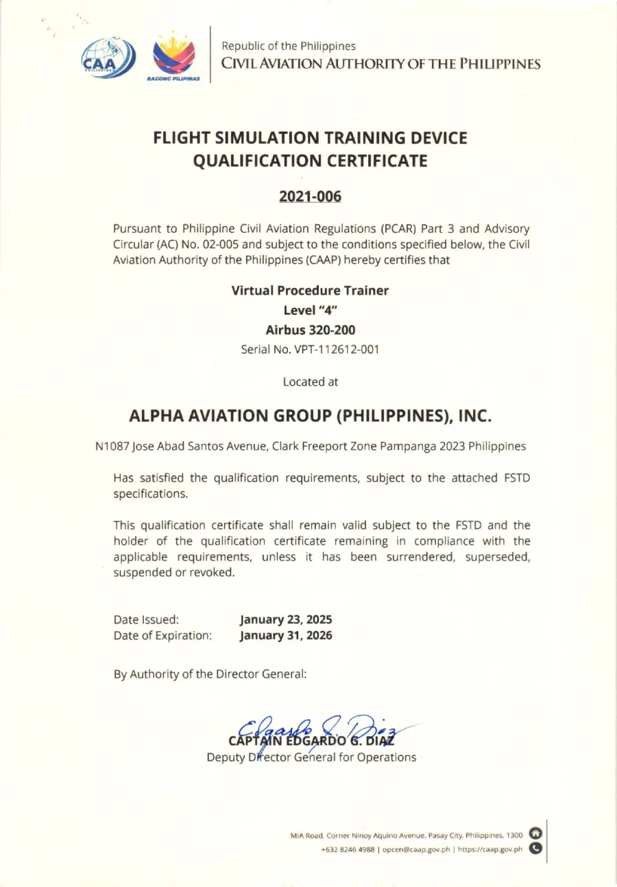 CAAP Qualification No. 2021-006 A320-200 Virtual Procedures Trainer Level 4 (31 January 2026)