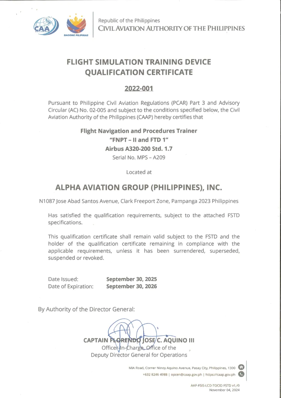 CAAP Qualification No. 2022-001 A320 Fixed Based Simulator Level FNPT II and FTD1 (30 September 2026)