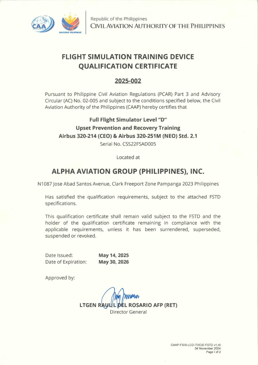 CAAP Qualification No. 2025-002 Airbus 320-214 (CEO) and Airbus A320-251M (NEO) FFS Level D UPRT Std. 2.1 (30 May 2026)