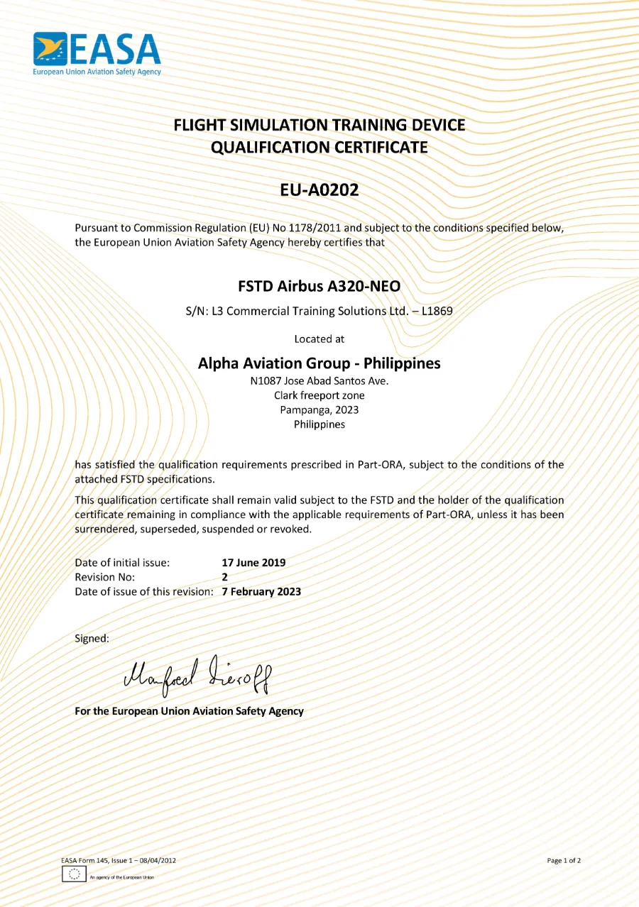 EASA Qualification Certificate EU-A0202, (A320 L3 L1869 - NEO)_CERT_REV_2_20230207