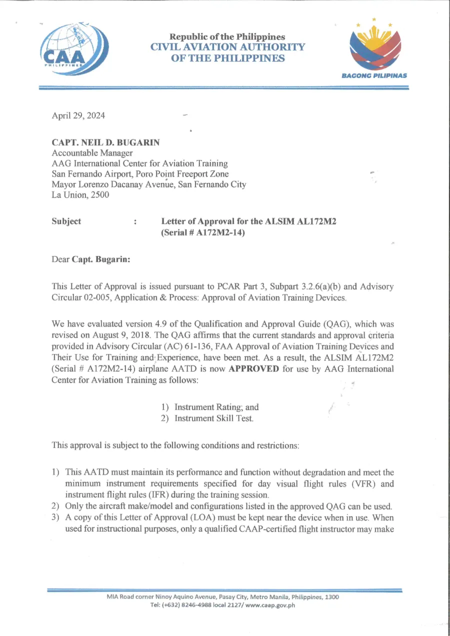 Letter of Approval for ALSIM AL172M2 SN A172M2-14